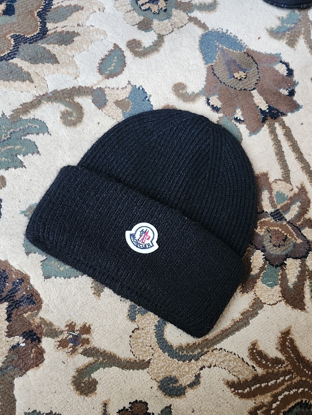 Moncler Black Ribbed Cuff Beanie with Logo Emblem